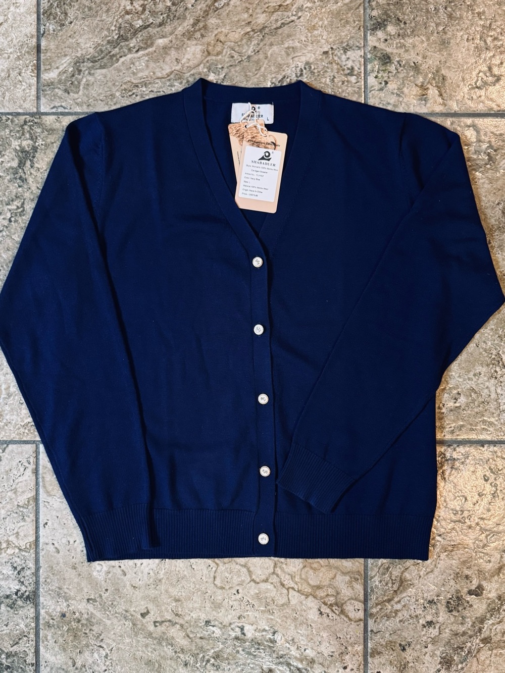 Classic Navy V-Neck Button-Front 100% Marino Wool Cardigan Sweat PTP 22”
